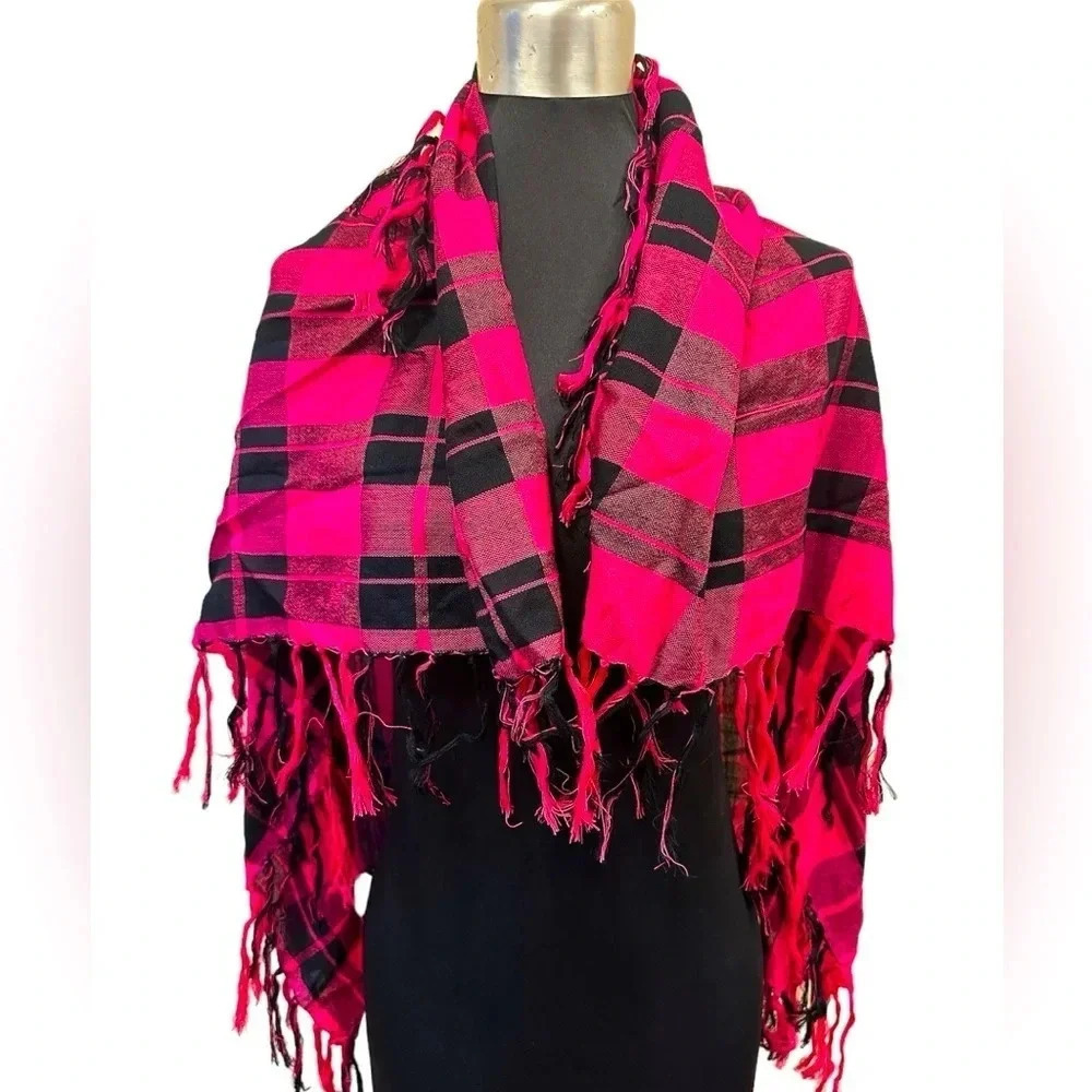 Pink Plaid Fringe Blanket Scarf Wrap Shawl One Size